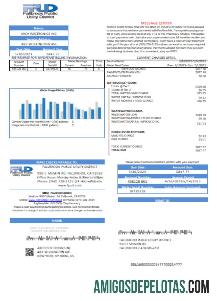 Projeto de lei de negócios de serviços públicos do distrito de utilidade pública de Fallbrook, SCR exemplo real